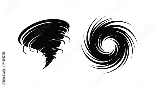 Two swirling tornado shapes are presented in black silhouette