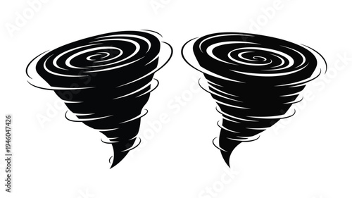 Two swirling tornadoes depicted in a dramatic black silhouette