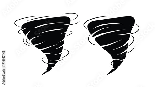 Two swirling tornadoes depicted in a striking black silhouette