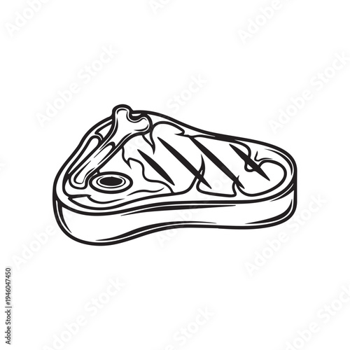 Grilled Beef Steak with Bone Outline Illustration Food Vector Art