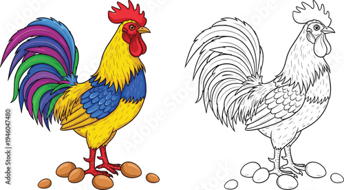 Colorful hand drawn rooster standing with eggs illustration set featuring vibrant feathered cockerel and black and white line art vector.