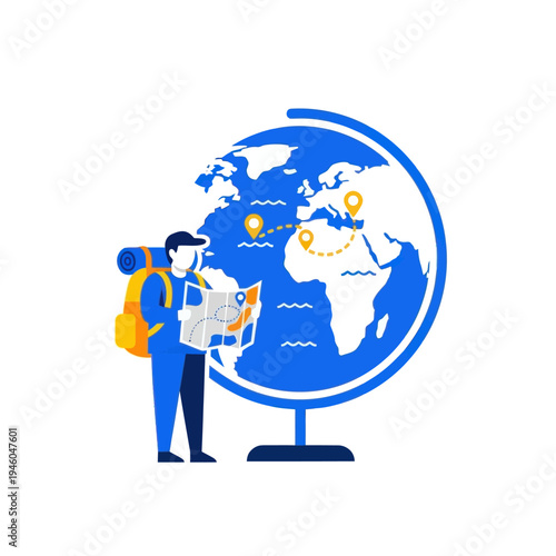 Traveler with Backpack and Map Beside Globe, Planning Trip
