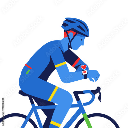 Cyclist checking smartwatch during training, heart rate monitor on wrist