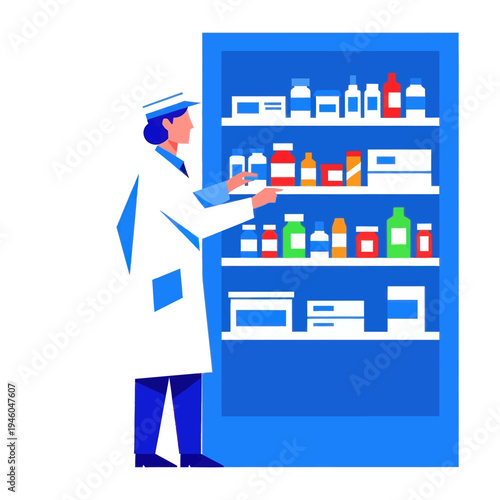Pharmacist Organizing Medicine Cabinet with Prescription Drugs and Bottles