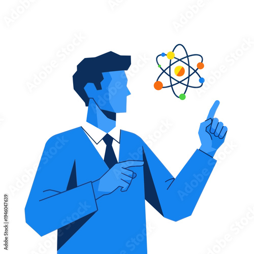 Man points to atom model, science, research, and innovation concept