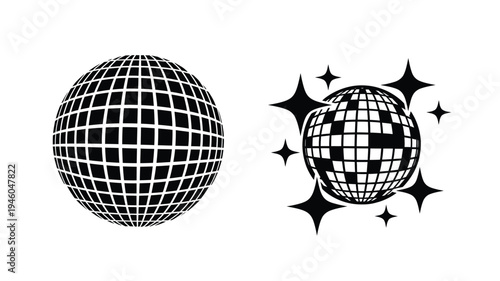 Two disco balls in a graphic design stark black silhouette