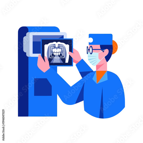 Dentist Examining Dental X-ray Image with Modern Equipment