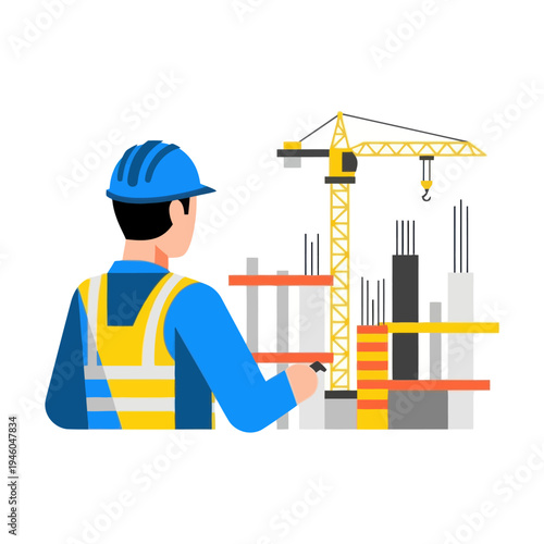 Construction worker with hard hat and safety vest overseeing building site with crane