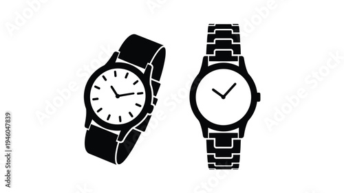 Two wristwatches displayed in a stark black silhouette