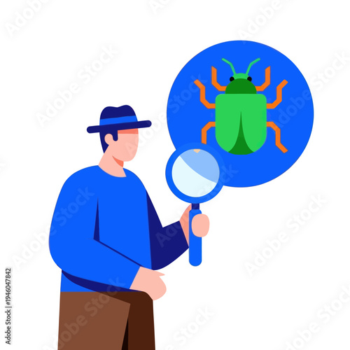 Man with magnifying glass inspects a green bug icon on blue background, concept of bug hunting