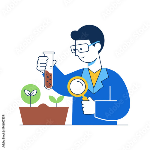 Scientist Examining Plant Growth with Magnifying Glass and Test Tube