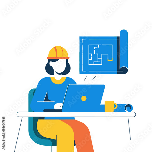 Architect woman designing building plans on laptop with blueprint and coffee