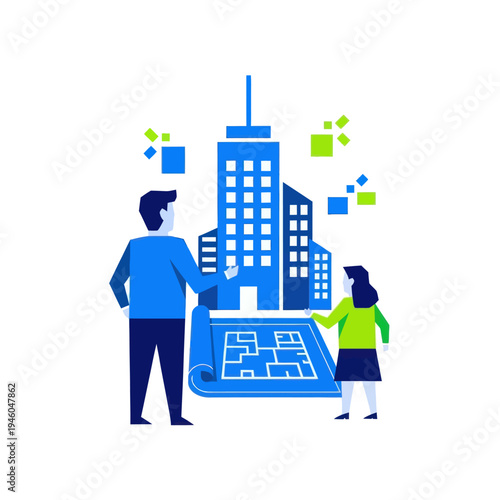 Architects reviewing building blueprint, urban development, city planning concept