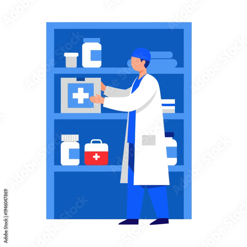 Doctor organizing medical supplies on shelves in a pharmacy or clinic.