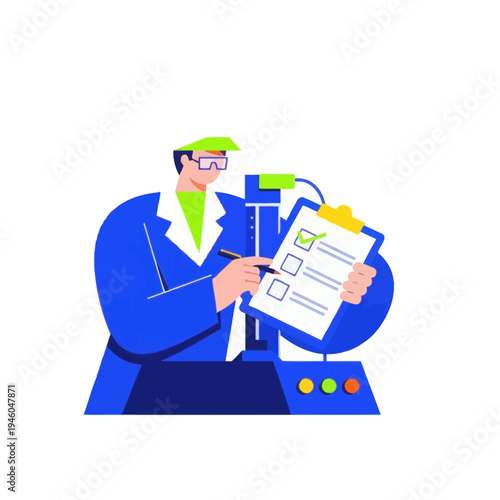 Scientist in Lab Coat Checking List on Clipboard with Equipment