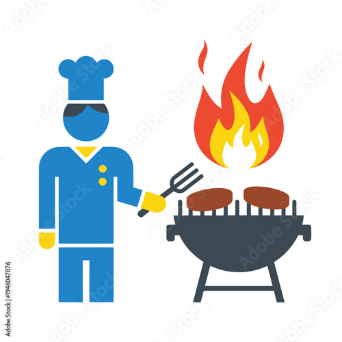Chef grilling sausages on barbecue with flames