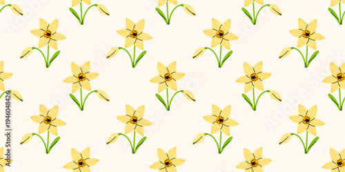 Vector seamless pattern with cute yellow daffodil flowers on soft cream background. Spring narcissus floral print for wrapping paper, wallpaper, fabric, textile, packaging, greeting card, home decor.