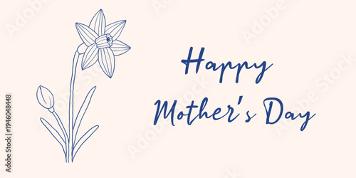 vector elegant happy mothers day card with delicate daffodil flower. Narcissus floral greeting for spring holiday card, poster, social media banner, invitation, gift tag and modern design.