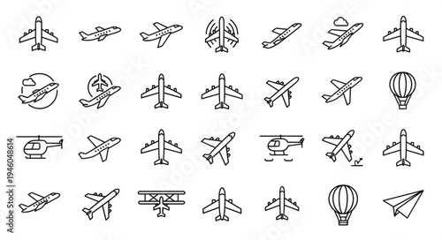 Collection of Airplane and Aircraft Icons in Sketch Style.