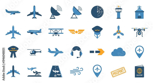 Collection of Aviation and Airport Related Icons in Blue and Yellow.