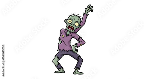 Cartoon zombie character in purple shirt.