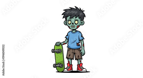 Cartoon zombie boy with skateboard.