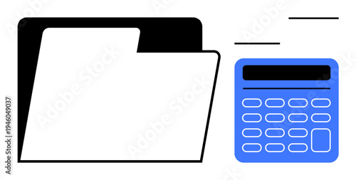 Financial management, office work, budgeting, data entry, organization, record keeping. A folder and calculator graphic. Financial management and office work concept