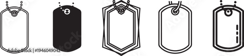 Military dog tag icon set featuring army identification tags, soldier ID tags and military badge accessories minimal outline vector icons for army and defense identity design