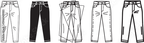 Five Pairs of Denim Jeans Flat Design Vector Illustration