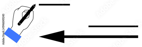 Direction concept. Black arrow signifying movement and progress being drawn by a hand holding a pen. Direction symbol for business growth, navigation, processes, education, presentations