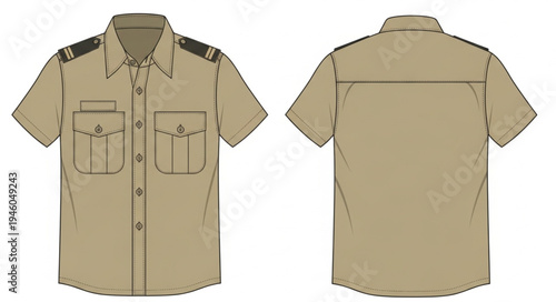 Khaki Short Sleeve Shirt with Pockets and Shoulder Straps.