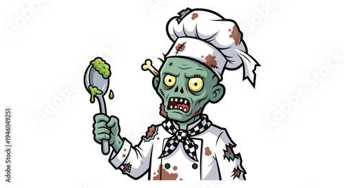 Cartoon zombie chef holding spoon.