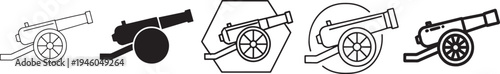 Historical cannon artillery weapon icon set featuring battlefield cannons, military artillery guns and war equipment minimal outline vector icons for military history and defense design