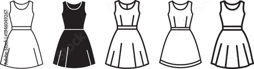 Women dress fashion icon set featuring elegant gowns, casual dresses and apparel clothing styles minimal outline vector icons for fashion boutiques, clothing brands and apparel design