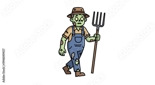 Cartoon zombie farmer with pitchfork weapon.