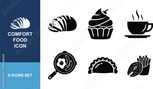 Comfort food icons set, collection of 6 black silhouette symbols for meals, snacks, and fast food on transparent background vector