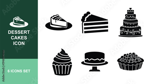 Dessert cakes icons set, collection of 6 black silhouette symbols for sweets, bakery, and celebration on transparent background vector