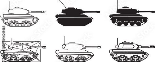 Military tank vehicle icon set featuring armored battle tanks, army combat vehicles and warfare equipment minimal outline vector icons for defense, war and military design