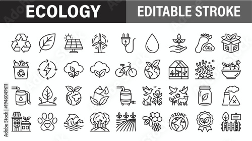 Ecology editable stroke icons set environmental symbols for sustainable living and conservation