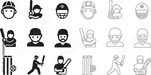 Cricket players in various poses and styles silhouette and outline illustrations for sports design