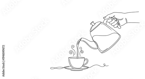 Hand pouring hot tea from teapot into cup cozy tea time drink preparation line art vector illustration