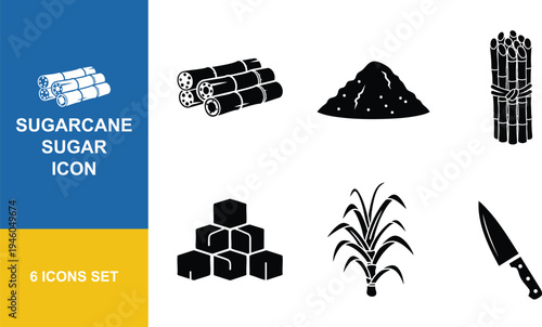 Sugarcane sugar icon set featuring stalks pile cubes and plant for sweet ingredient and sweetener production