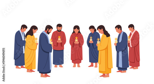 Buddhist candlelight prayer ceremony for vesak buddha’s birthday with monks and devotees holding candles, spiritual meditation and temple ritual vector illustration