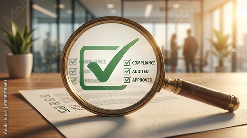 Magnifying glass document checklist compliance audited approved verification