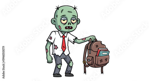 Cartoon zombie holding brown backpack.