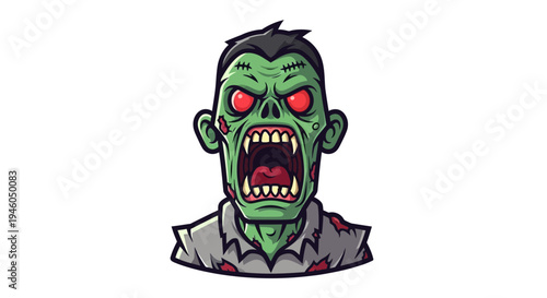 Cartoon zombie head with red eyes.