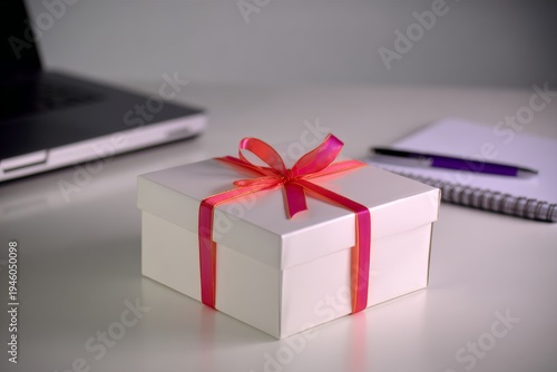 White Gift Box with Red Ribbon on Minimal Office Desk with Laptop and Notebook