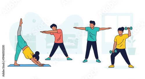 Fitness group workout with yoga poses and dumbbell exercises, healthy lifestyle
