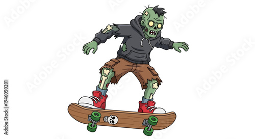 Cartoon zombie on skateboard trick.