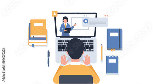 Student learning online with laptop and books, teacher on screen, distance education concept, e learning, virtual classroom